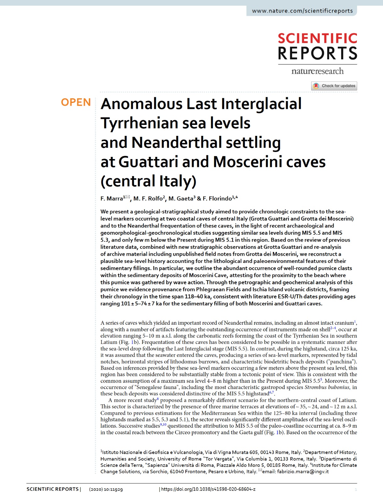 Anomalous Last Interglacial Tyrrhenian sea levels and Neanderthal settling at Guattari and Moscerini caves (central Italy)